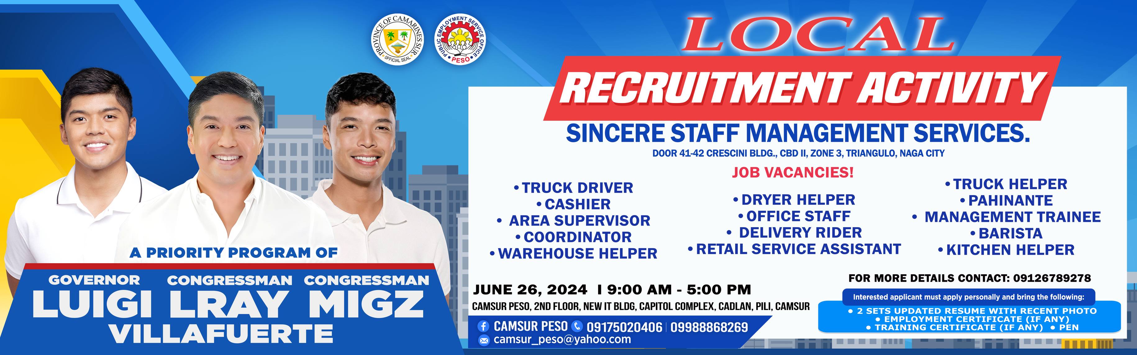 NOW HIRING - SINCERE STAFF MANAGEMENT SERVICES