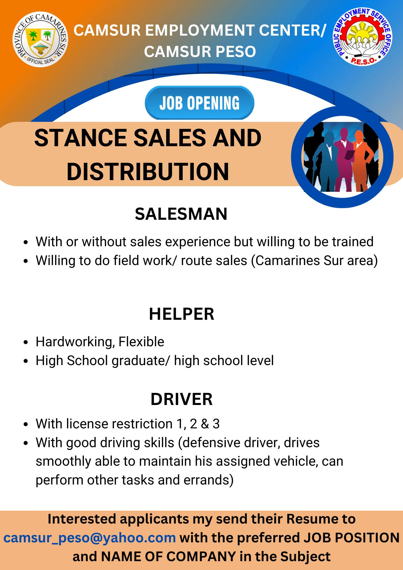 STANCE SALES AND DISTRIBUTION NOW HIRING!!! - SALESMAN, HELPER, & DRIVER