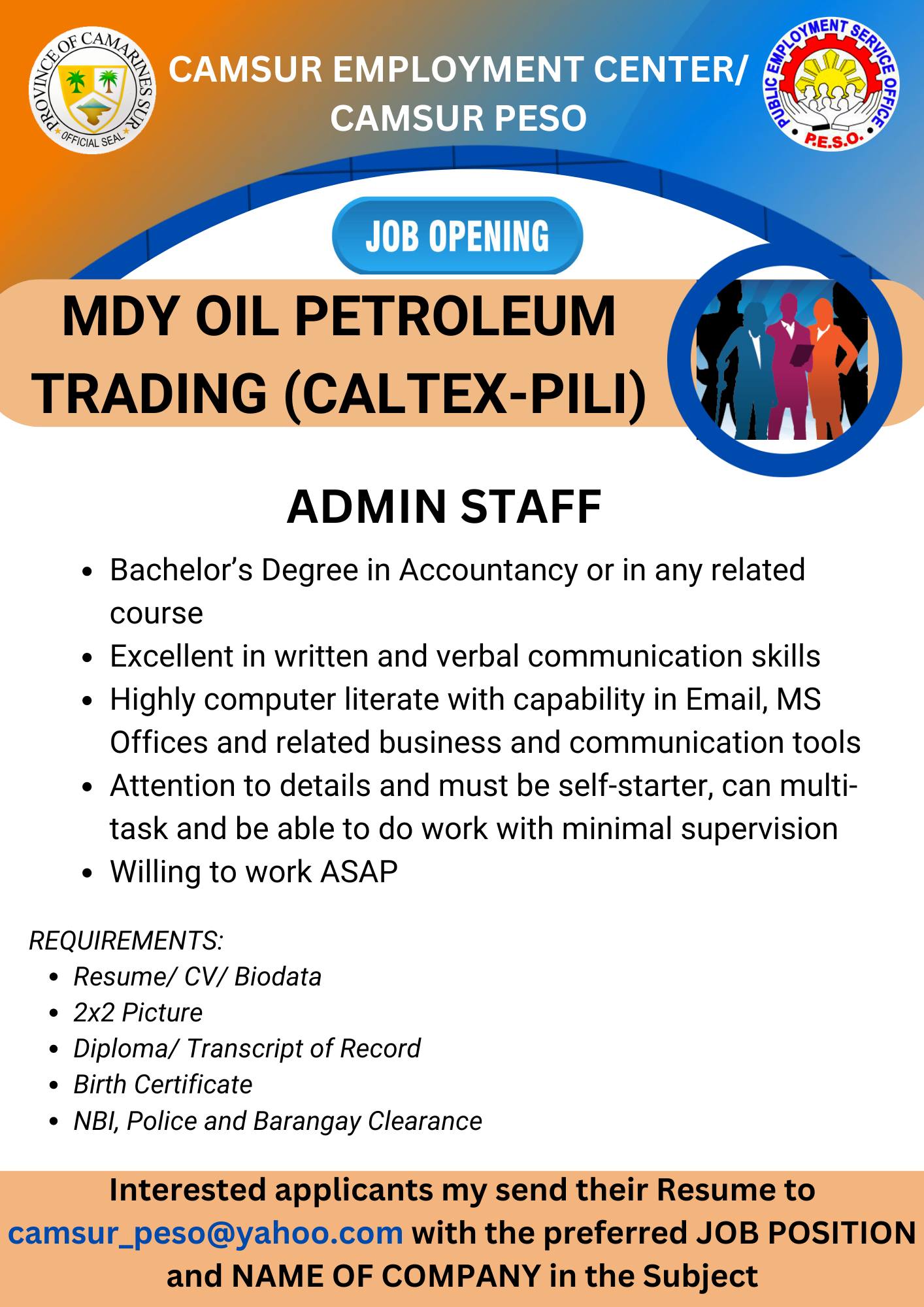 MDY OIL PETROLEUM TRADING (CALTEX-PILI) NOW HIRING!!! - ADMIN STAFF