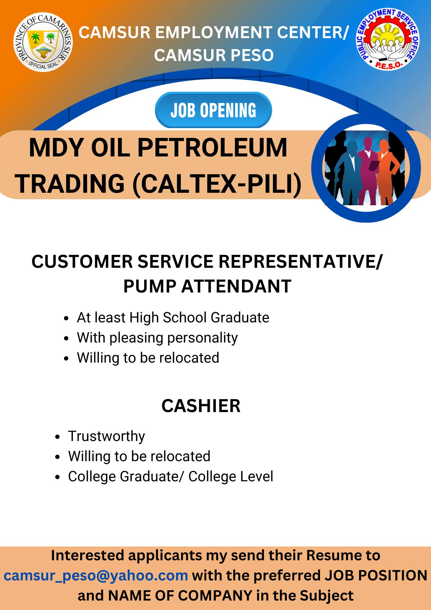 MDY OIL PETROLEUM TRADING (CALTEX-PILI) NOW HIRING!!! - CUSTOMER SERVICE REPRESENTATIVE/ PUMP ATTENDANT, CASHIER